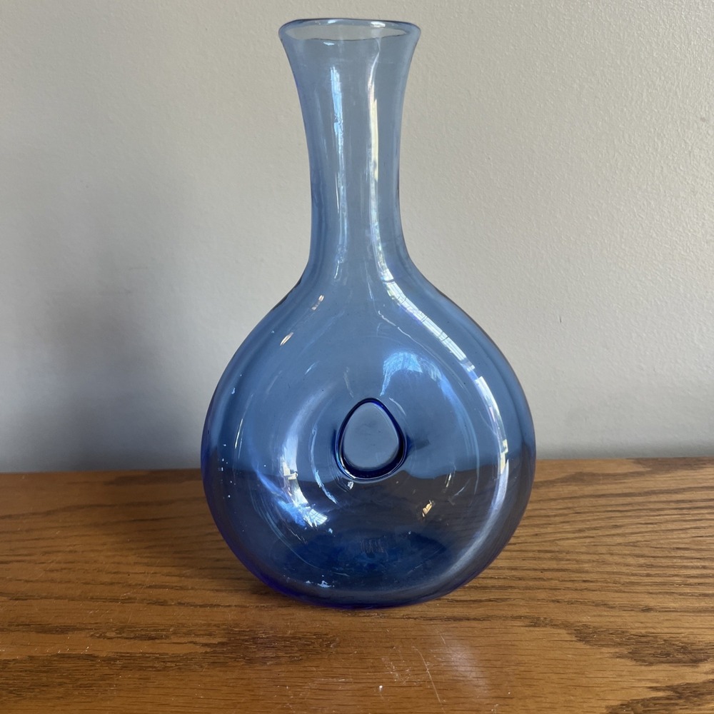 Vintage MCM Blenko 441 Donut Pinched Center Round Vase Blue Hand Blown 7.25"